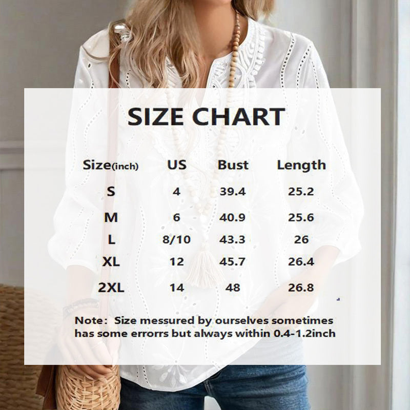 Elegant Women's V-Neck Long Sleeve Blouse - Embroidered Mesh & Flared Lace Sleeve Chiffon Top For Spring&Summer