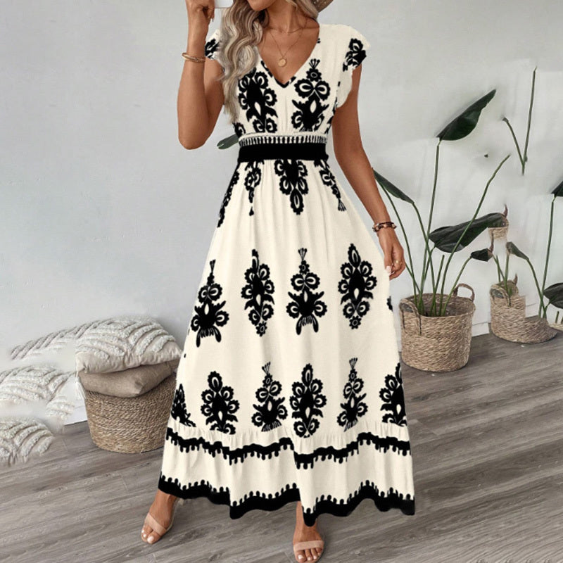 Women's Summer Flowy Maxi Dress Casual Cap Sleeve V Neck Smocked Waist Beach Sundress