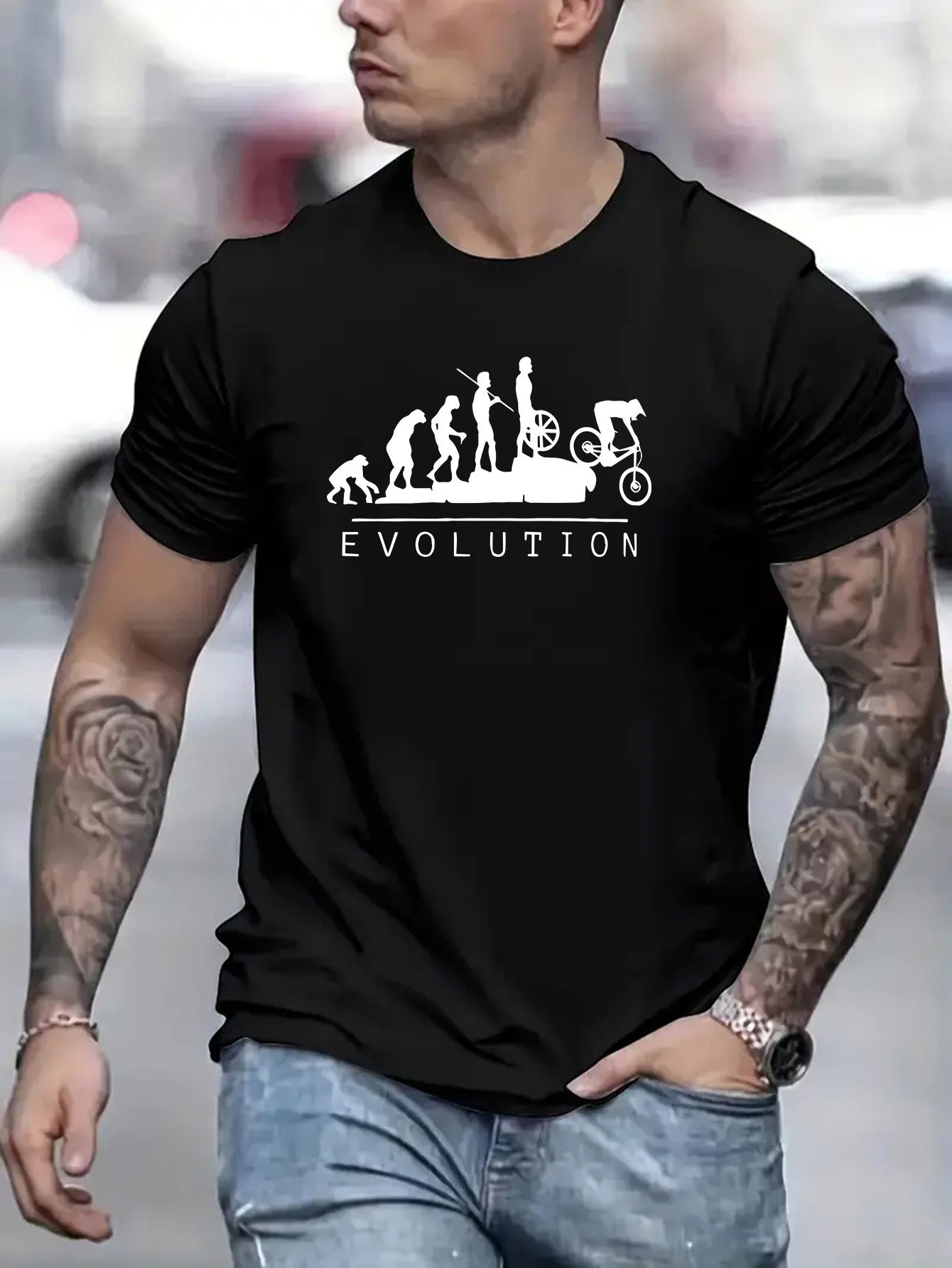 Evolutionary Cycling Pattern Printed Men's Round Neck Short Sleeved T-shirt, Summer Fashionable T-shirt, Casual And Comfortable Versatile Top, Suitable For Daily Wear