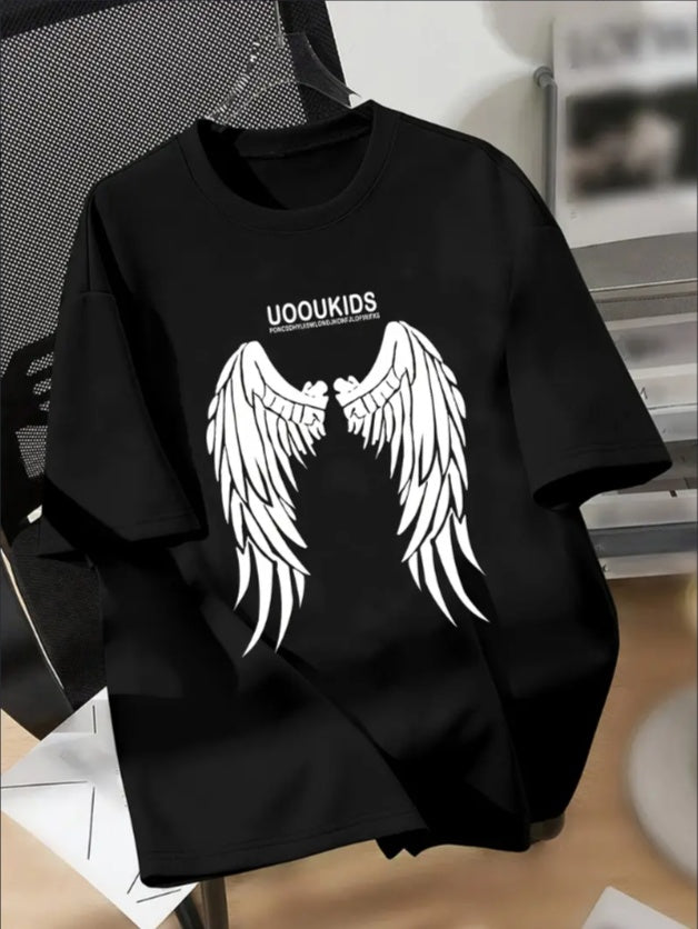 KUQIQIBOY Teen Boys' Casual Short Sleeve T-shirt, Creative Wings Graphic Print Crew Neck Tees, Cool Comfortable Lightweight Tops For Spring And Summer
