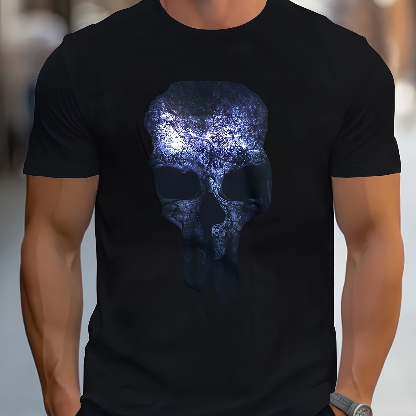 Men's Novel Skull Printed T-shirt - Casual Round Neck, Soft Polyester Blend, Machine Washable - Perfect For Summer Outdoor Activities