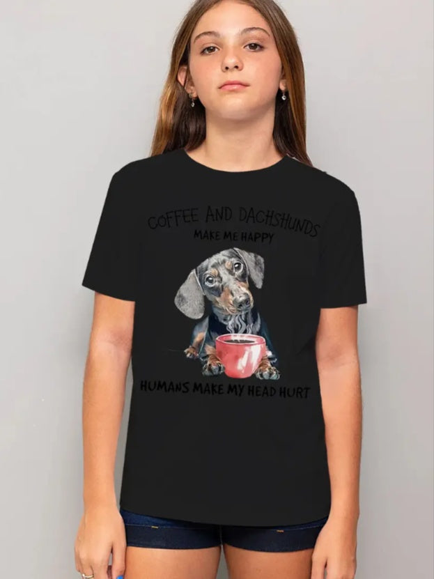 Youth Cartoon Dachshund Print T-Shirt,Crew Neck Sports Tee, Regular Fit Knit Top, For Teens And Adults, Casual Summer Wear