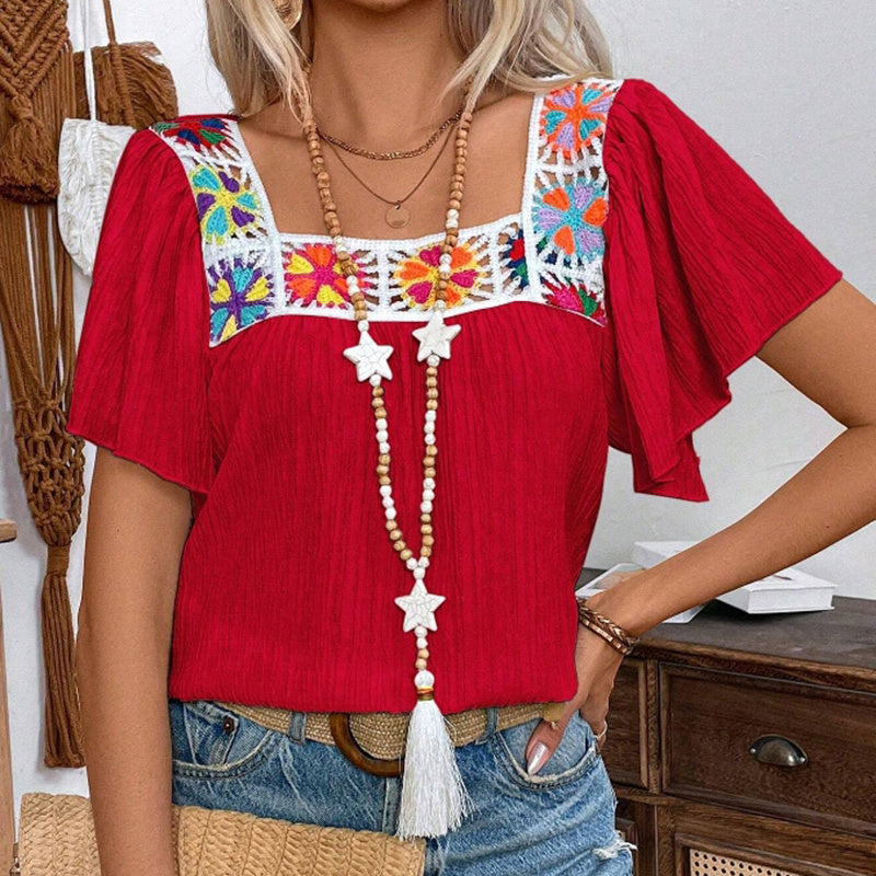 Women's Elegant Square Neck Crochet-Trimmed Geometric Floral Print Short Sleeve Shirt Spring Summer Casual Top