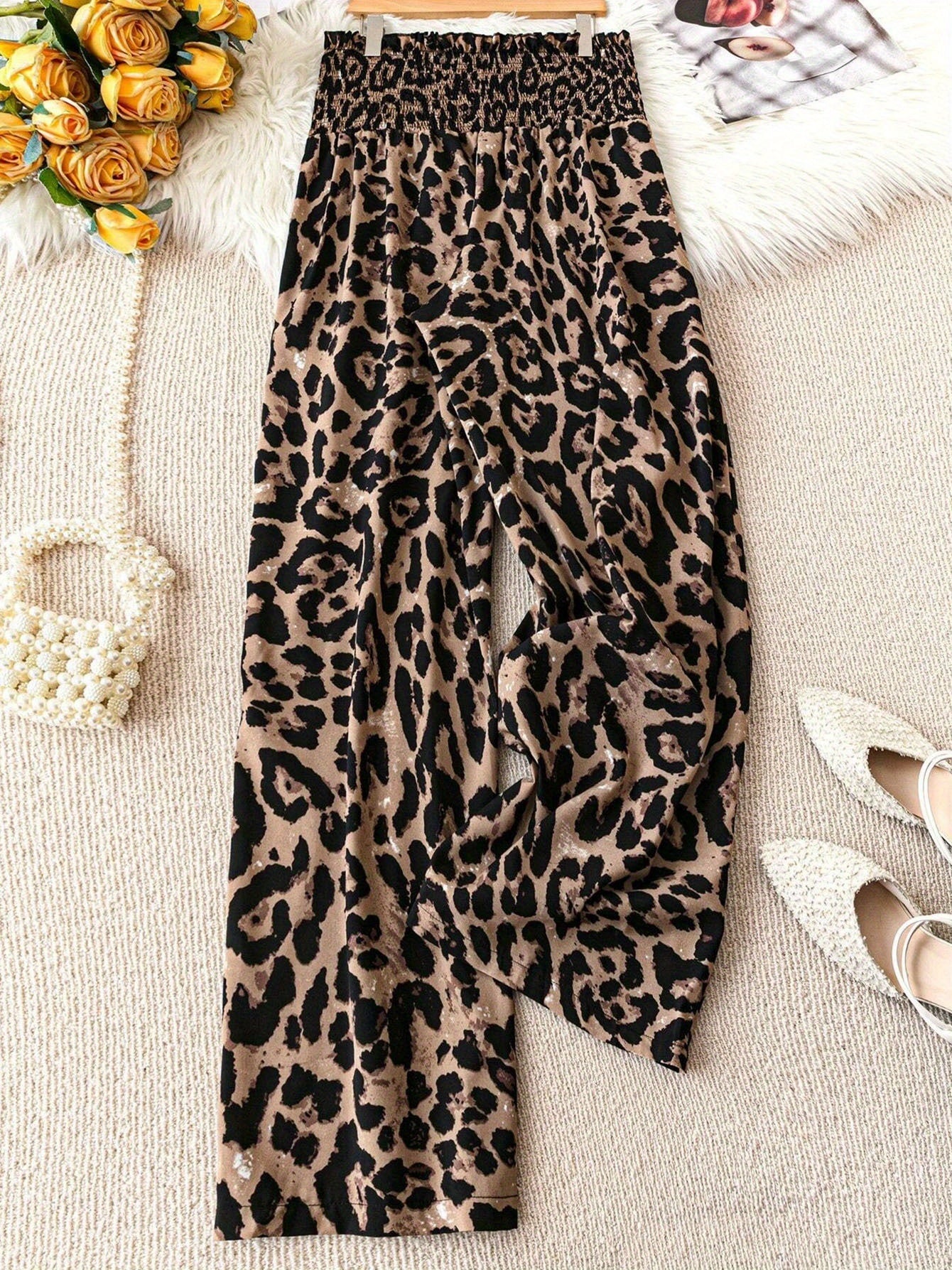 Women's Plus Size Leopard Print Wide-Leg Pants - Summer Casual Elastic Waist Long Trousers For Daily Wear