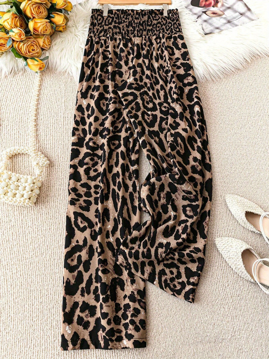 Women's Plus Size Leopard Print Wide-Leg Pants - Summer Casual Elastic Waist Long Trousers For Daily Wear