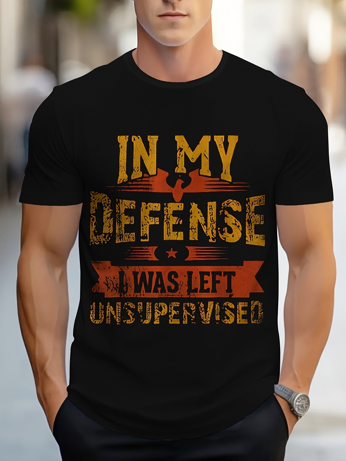 Men's IN MY DEFENSE I WAS UNSUPERVISED Graphic Printed T-shirt, Short Sleeved Round Neck T-shirt, Summer Outdoor Men's Clothing