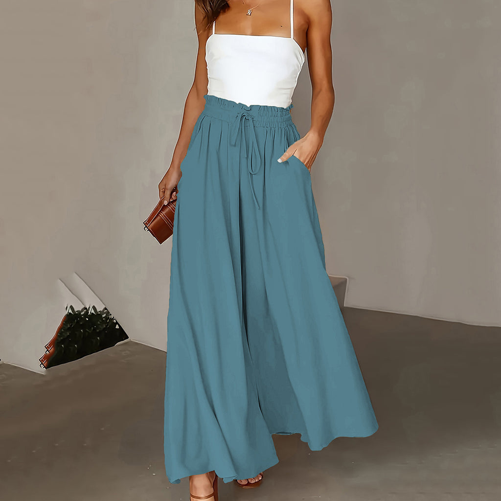Plus Size Wide Leg Pants - Stylish Solid Paper Bag Waist Design, Elegant Pocket Tie Front, Loose Fit For Comfort, Perfect For Spring & Summer, Women's Fashionable Clothing For Curvy Figures