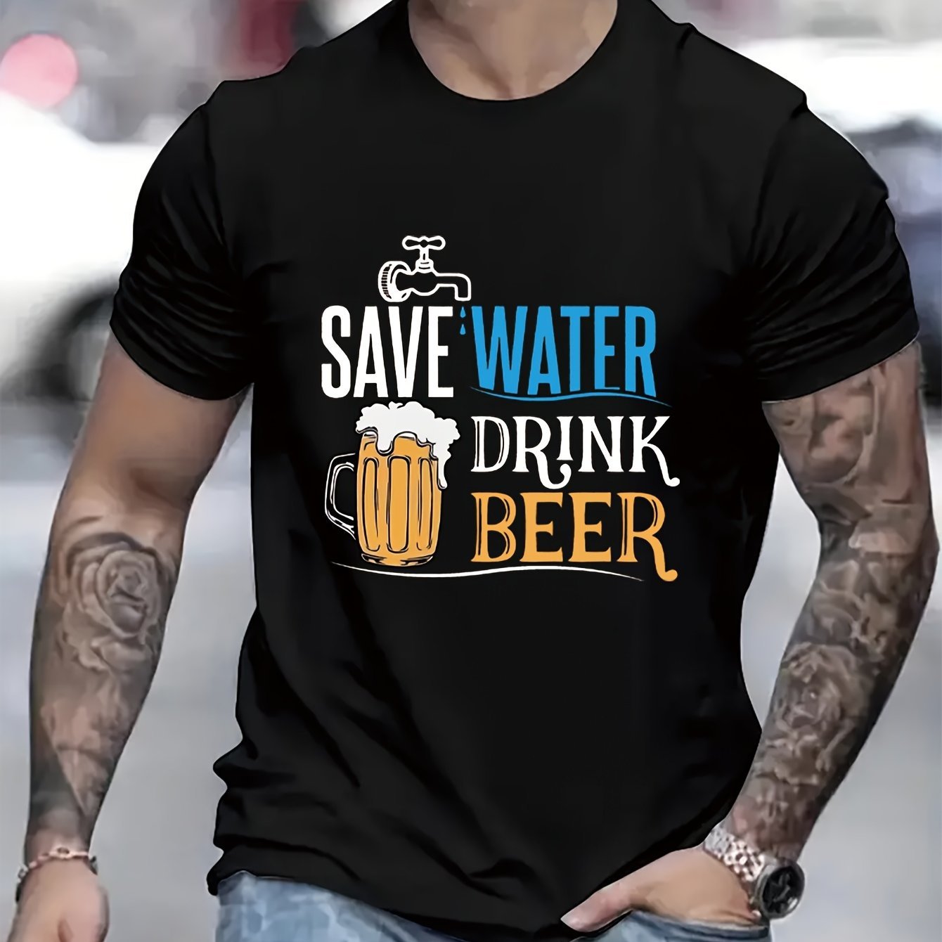 Cherish Water Resources And Drink More Beer. Men's Creative Printed Casual Novel T-shirt, Summer Spring Short Sleeved Top, Comfortable Fit, Fashionable Street Style Round Neck T-shirt, Suitable For Da