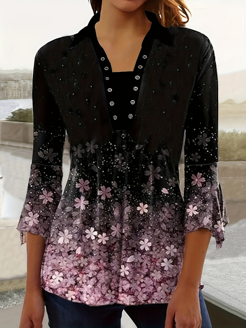 Spring And Autumn New Printed Lapel Three-quarter Sleeve T-shirt Irregular Cuff Button Top