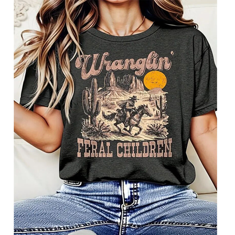 Women's Desert Horse Sunset Print Tee - Bohemian Round Neck Summer Top