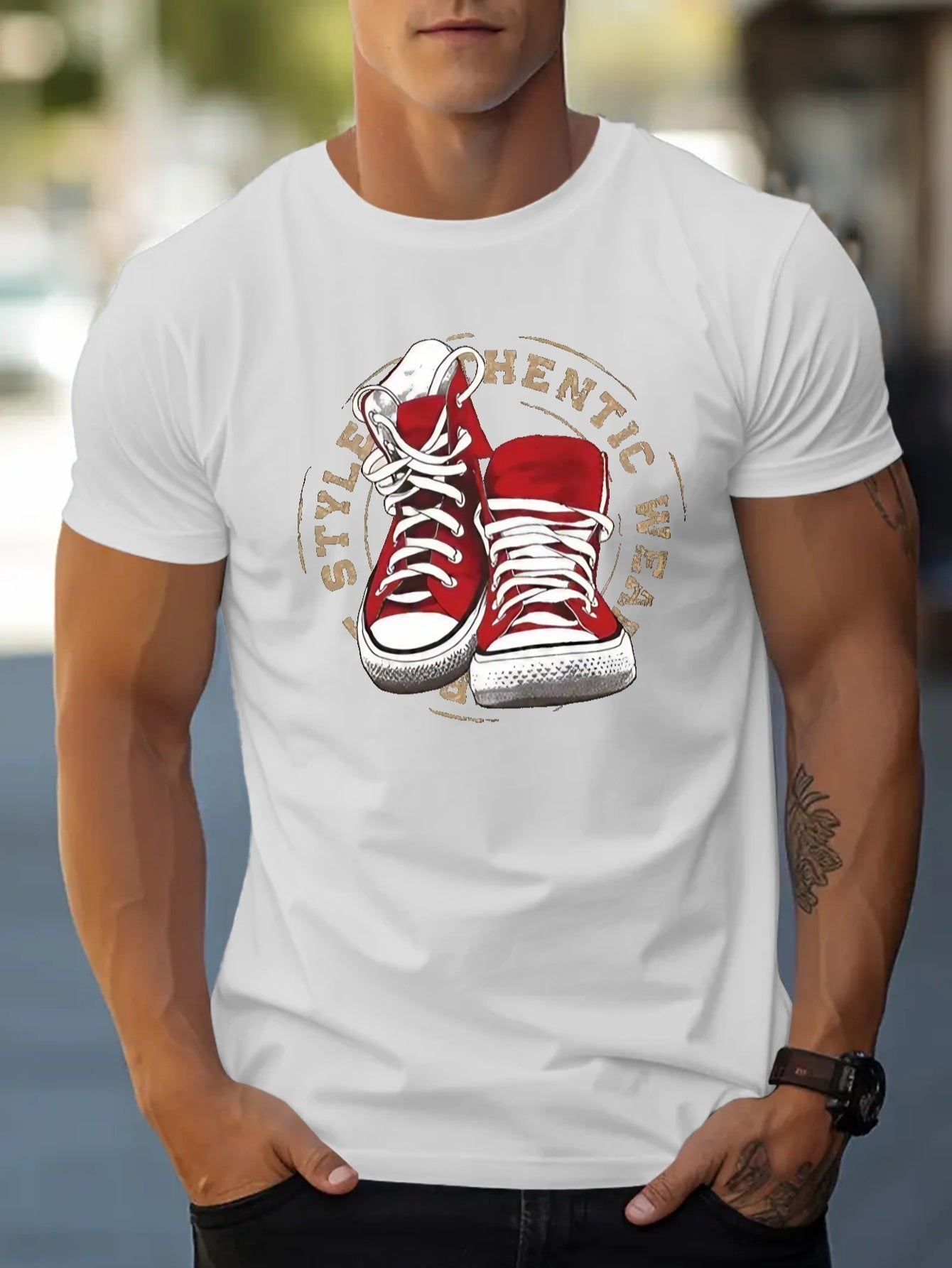 Canvas Shoe Pattern Printed Men's Creative Top, Casual Short Sleeved Round Neck T-shirt, Summer Outdoor Men's Clothing