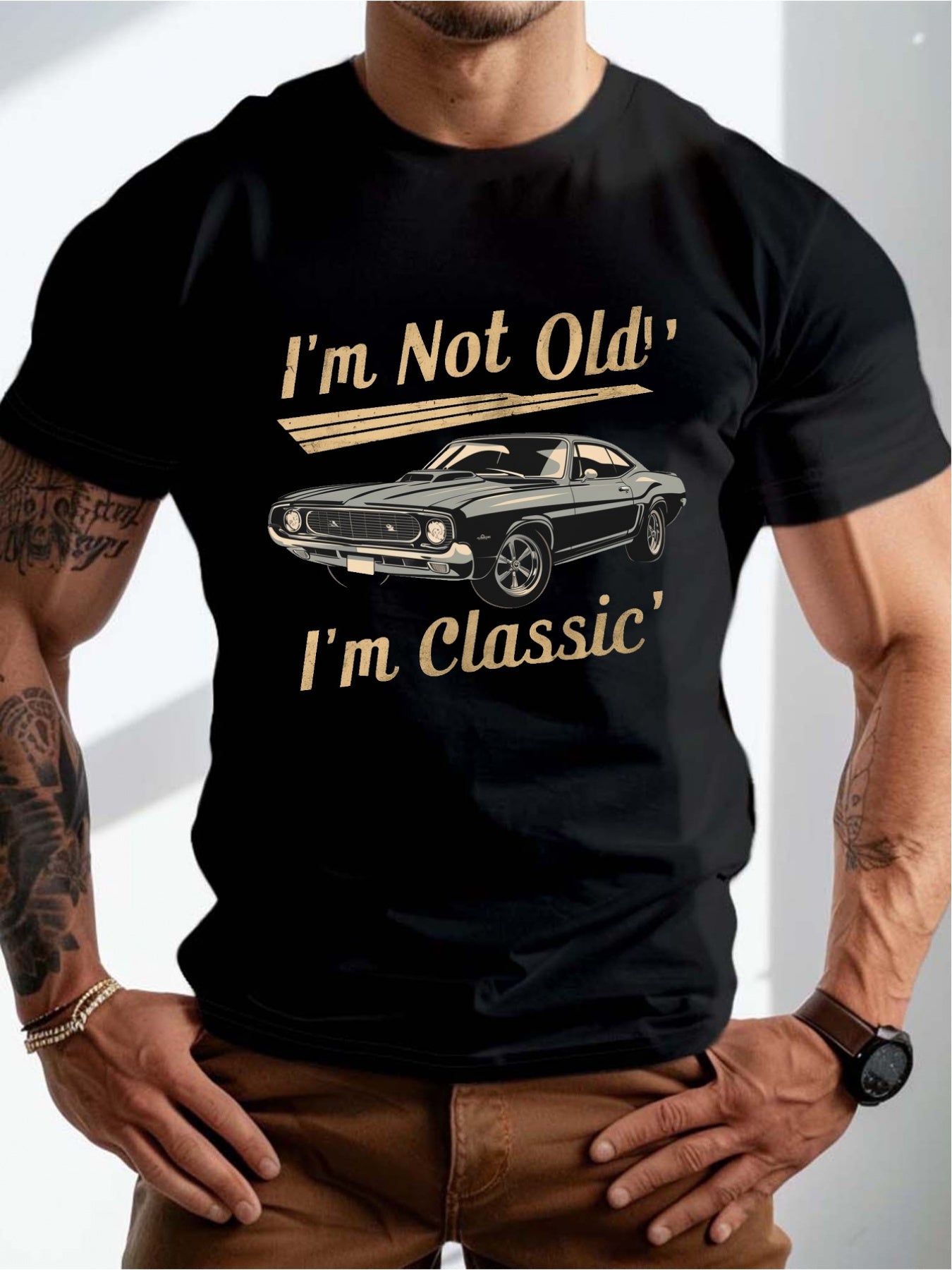 Round Neck Muscle Car Retro Pattern Printed Short Sleeved Men's T-shirt, Summer Casual Loose Sports Men's Top, Soft, Breathable And Comfortable Men's T-shirt