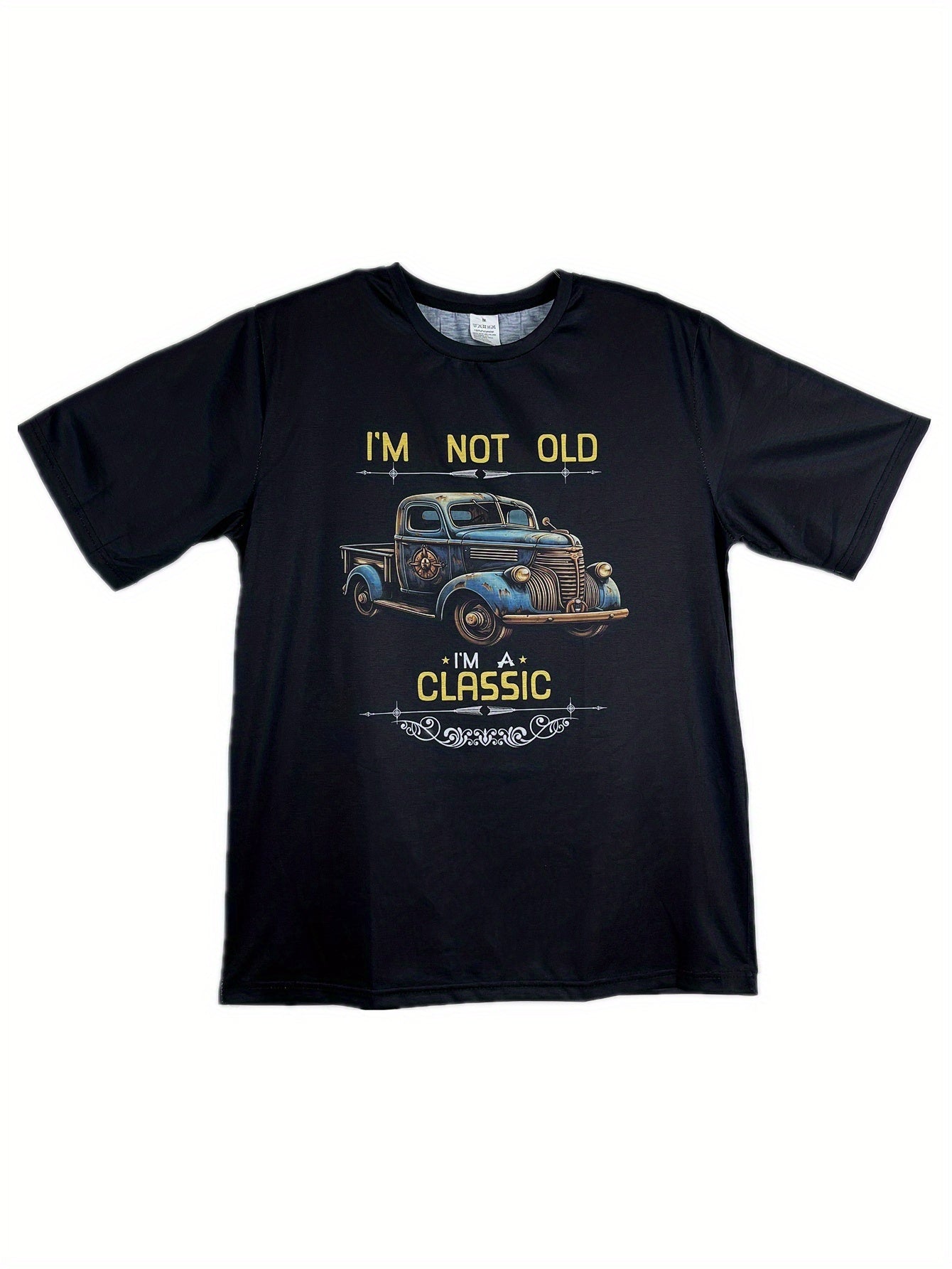 Retro And Rusty Car Patterns And Letter Prints I'm Not Old, I'm Classic Round Neck Short Sleeved T-shirt, Men's Summer Outdoor Casual Fashion Top