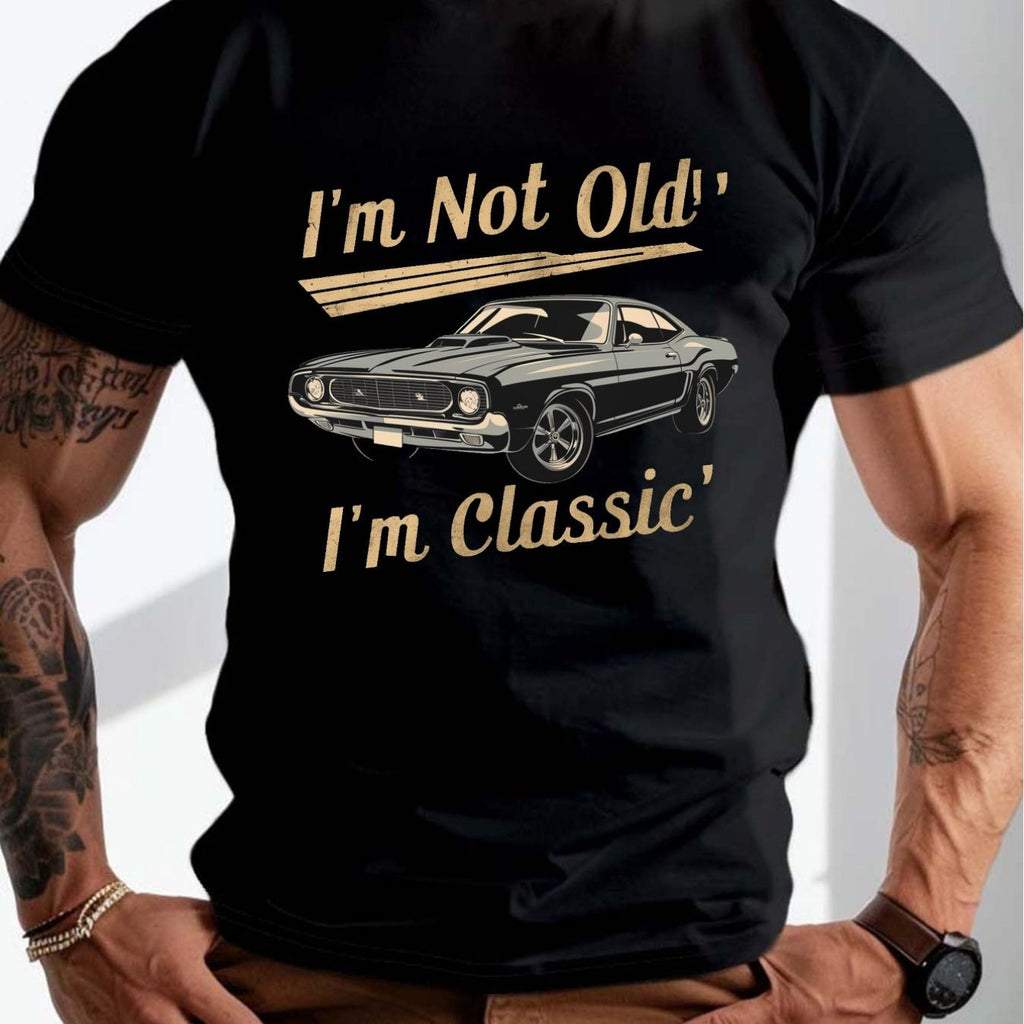 Round Neck Muscle Car Retro Pattern Printed Short Sleeved Men's T-shirt, Summer Casual Loose Sports Men's Top, Soft, Breathable And Comfortable Men's T-shirt