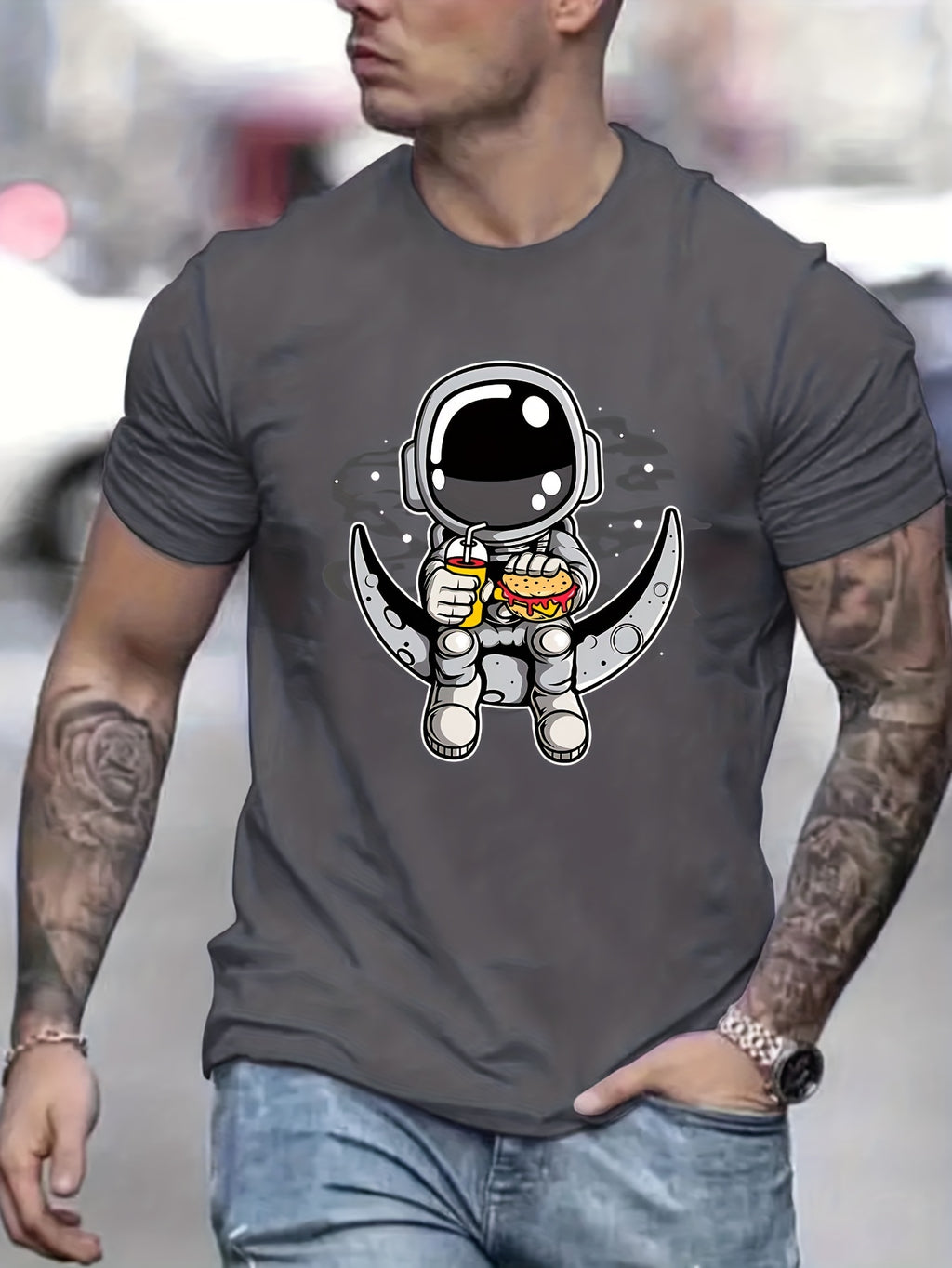 Cartoon Astronaut Pattern T-shirt, Summer Men's Casual Street Style Elastic Round Neck T-shirt