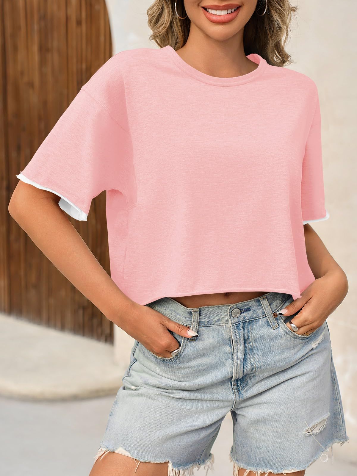 Womens Crop Tops Casual Short Sleeve Crewneck Loose Fit Basic Summer Workout Running T Shirts