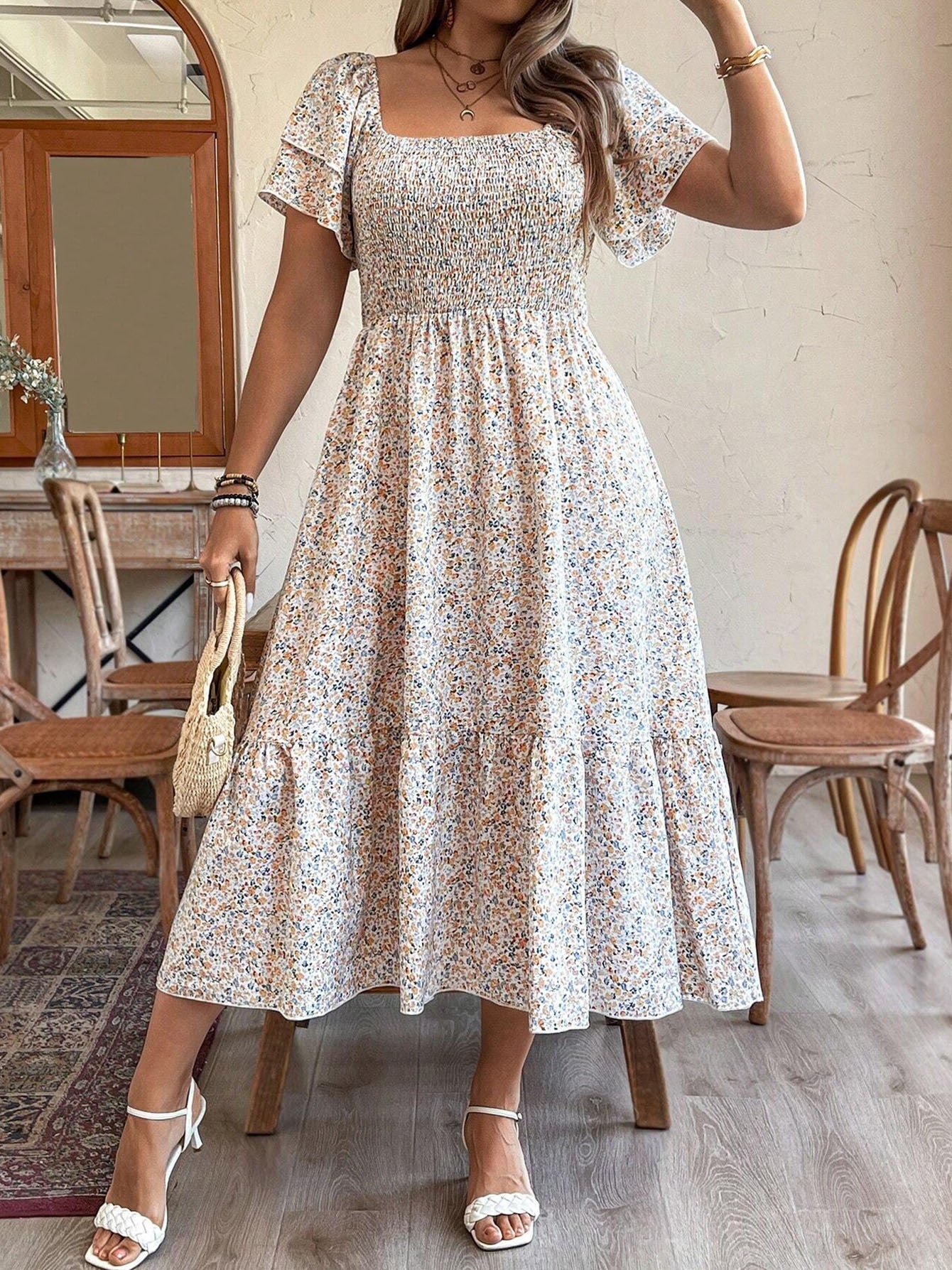 Women's Plus Size Backless Midi Dress For Summer Party - Elegant Pleated Printed Dress