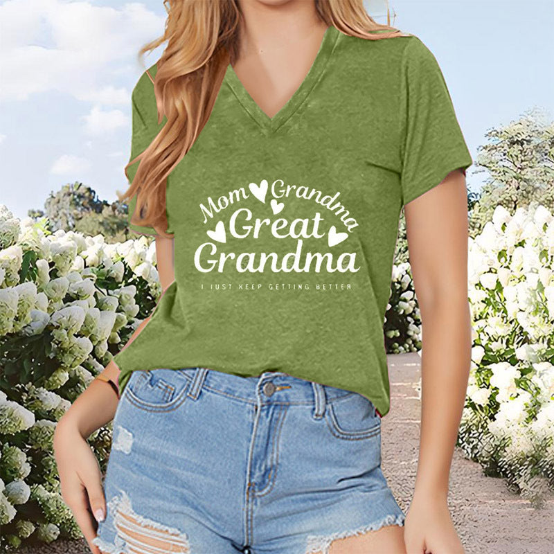 Women's V-Neck T-Shirt 'Mom Grandma Great-Grandma' Letter Print Casual Summer Top