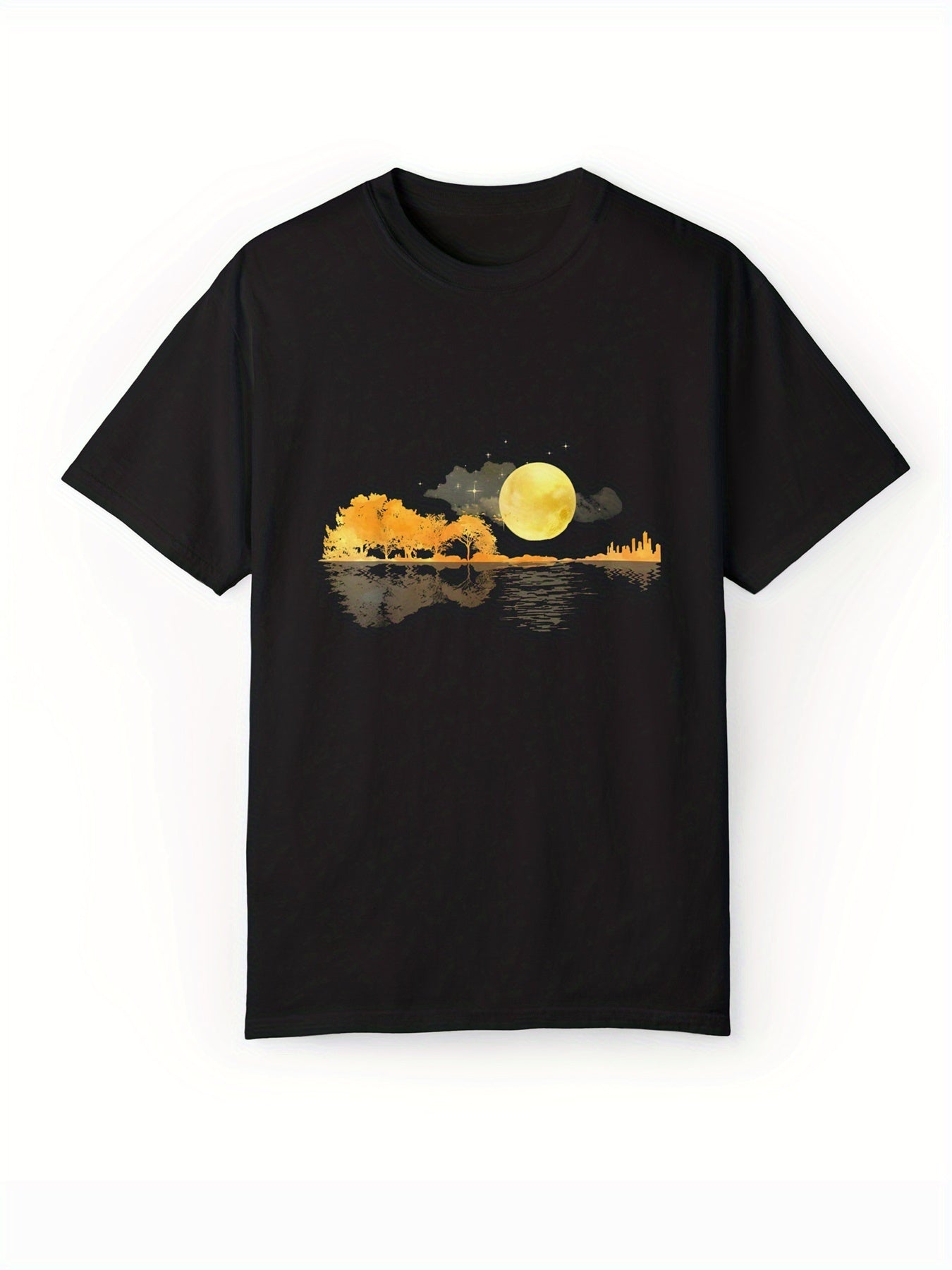 Moon Patterned Cotton T-shirt, Men's Casual Street Style Elastic Round Neck T-shirt For Summer