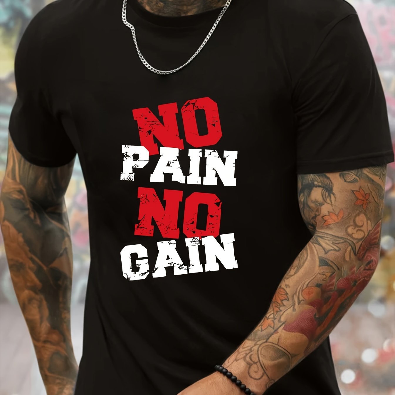 Men's NO PAI NO GAIN Pattern Printed T-shirt, Summer Fashionable Sports Short Sleeve T-shirt, Fashionable Casual Style
