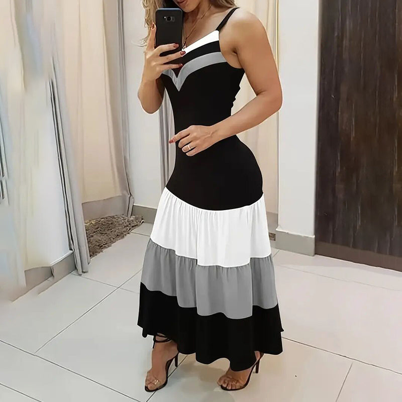 Women's Summer Casual Sleeveless V Neck Color Block Spaghetti Strap Maxi Long Dress