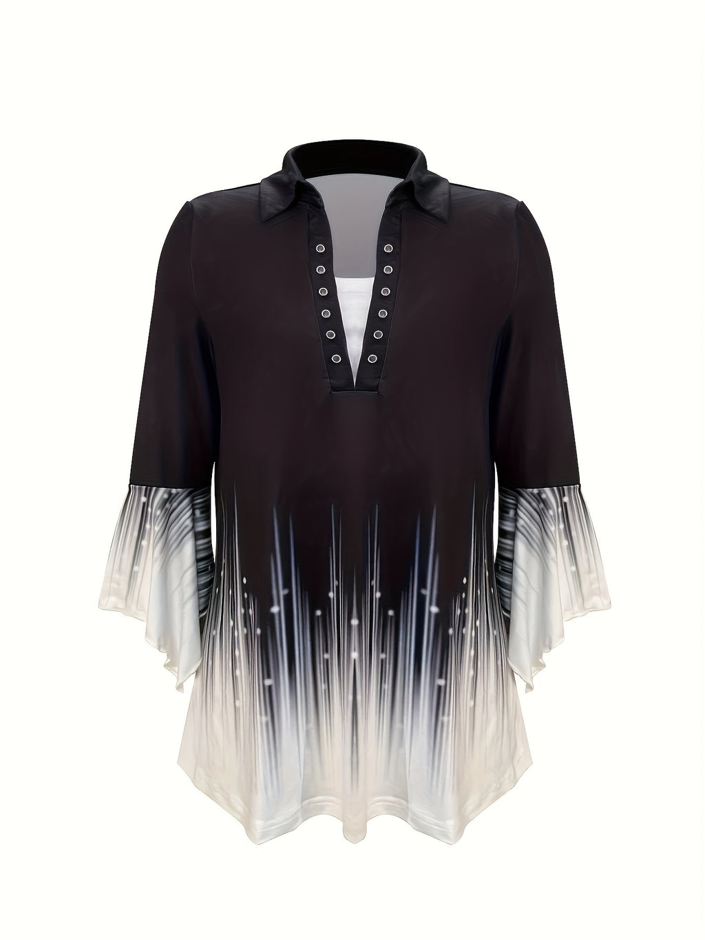 Spring And Autumn New Printed Lapel Three-quarter Sleeve T-shirt Irregular Cuff Button Top