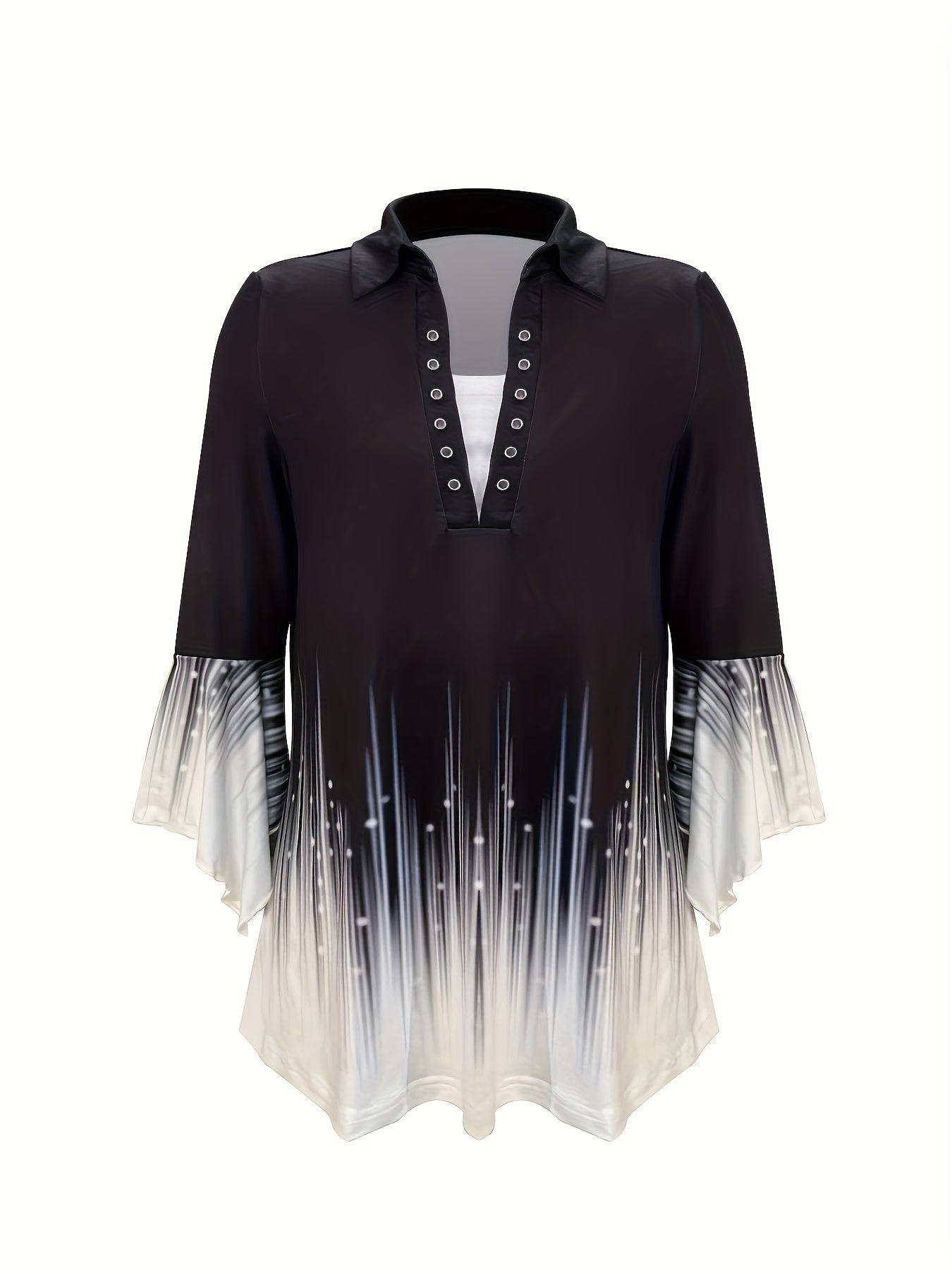 Spring And Autumn New Printed Lapel Three-quarter Sleeve T-shirt Irregular Cuff Button Top