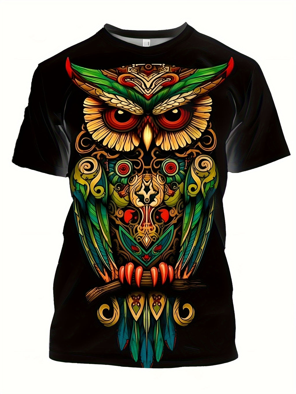 Men's Owl Pattern Printed T-shirt, Casual Short Sleeved Round Neck T-shirt, Summer Outdoor Men's Clothing