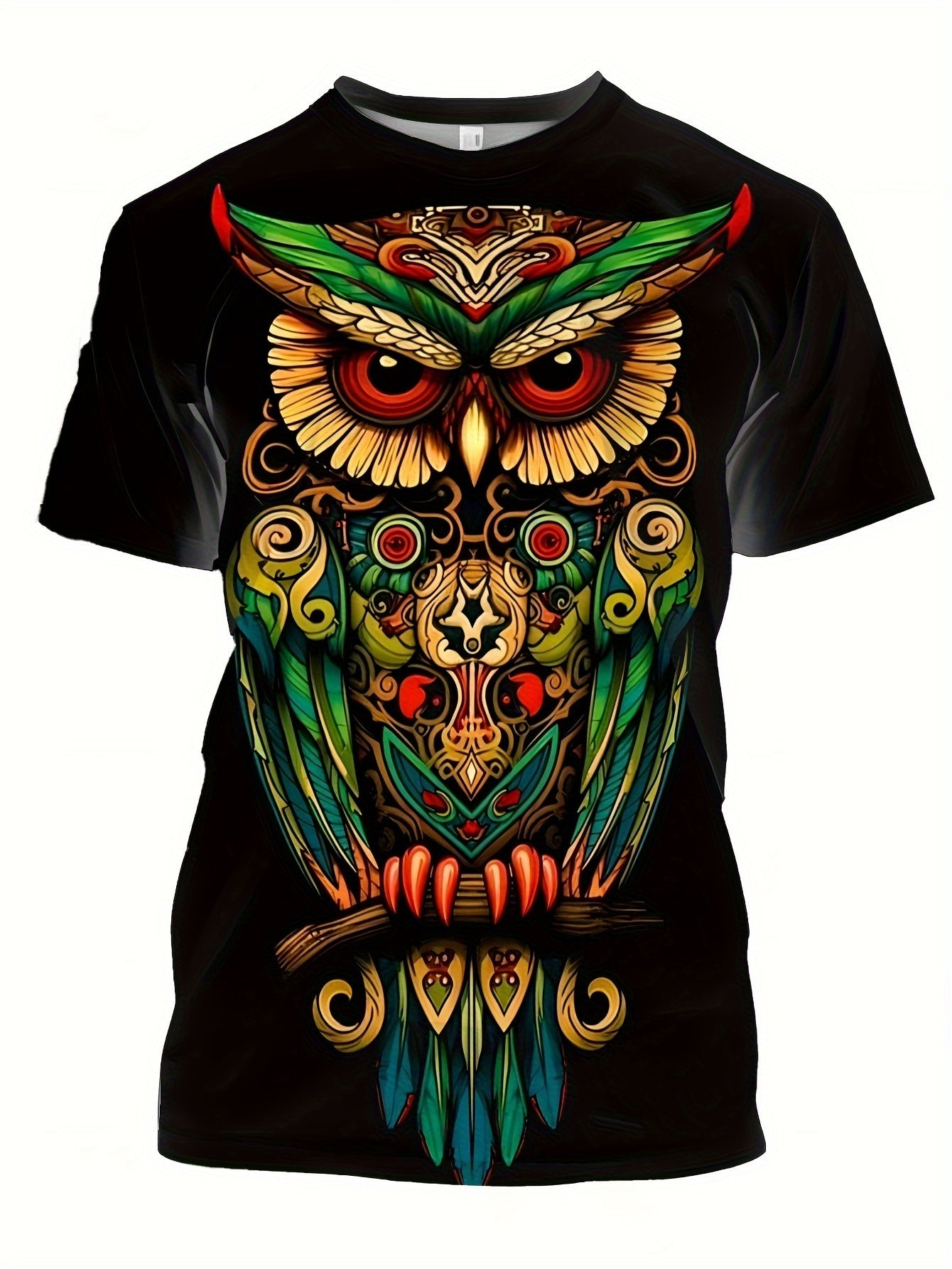 Men's Owl Pattern Printed T-shirt, Casual Short Sleeved Round Neck T-shirt, Summer Outdoor Men's Clothing