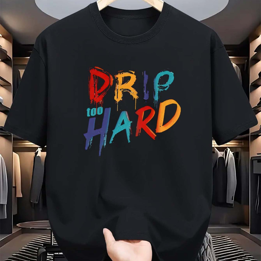 Men's Patterned T-shirt With Hard Letters That Drip Water, Colorful Printed Casual Round Neck T-shirt, Polyester Knitted Fabric, Fitted Summer Shirt With Slight Elasticity