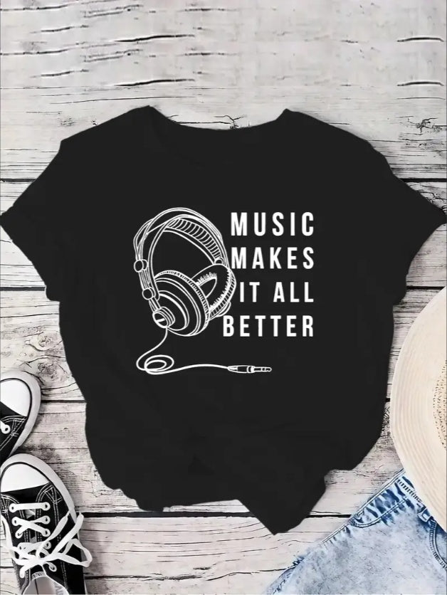 Earphones And Monogram Print Round Neck T-shirt, Casual Short Sleeve T-shirt, Suitable For Spring And Summer,