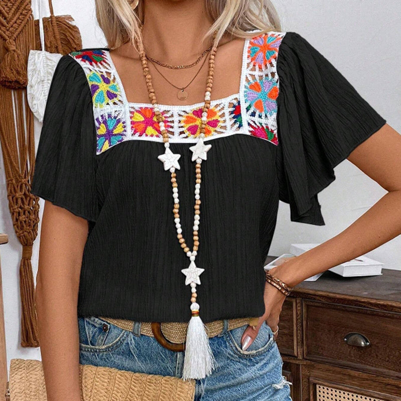 Women's Elegant Square Neck Crochet-Trimmed Geometric Floral Print Short Sleeve Shirt Spring Summer Casual Top