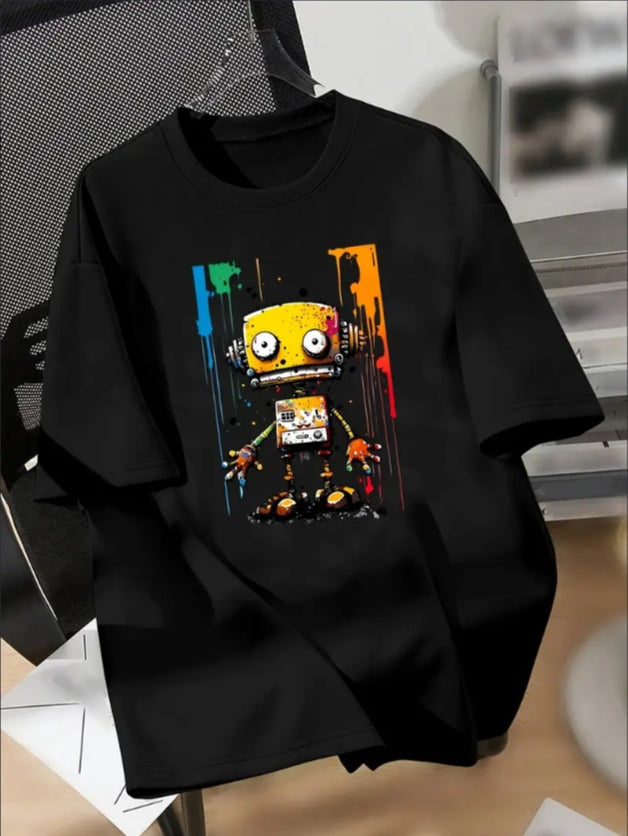 Geometric Fun, Boys' Colorful Robot Graphic Tee - Casual Crew Neck, Short Sleeve, Machine Washable - Perfect For Spring Summer