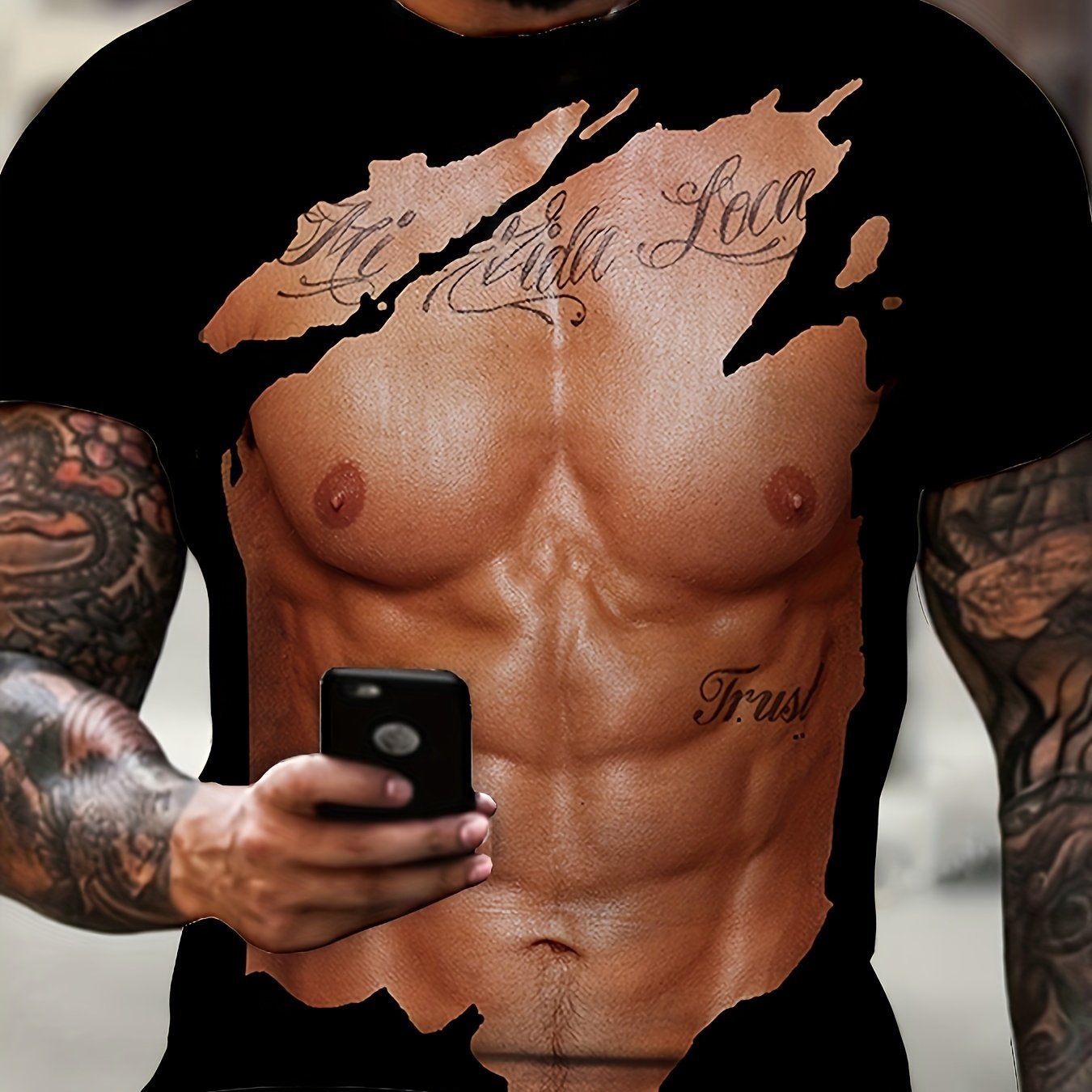 Funny Torn Body Print, Men's Flat Design Round Neck Activity T-shirt, Summer Casual Comfortable T-shirt, Men's Top For Daily Gym Exercise And Running