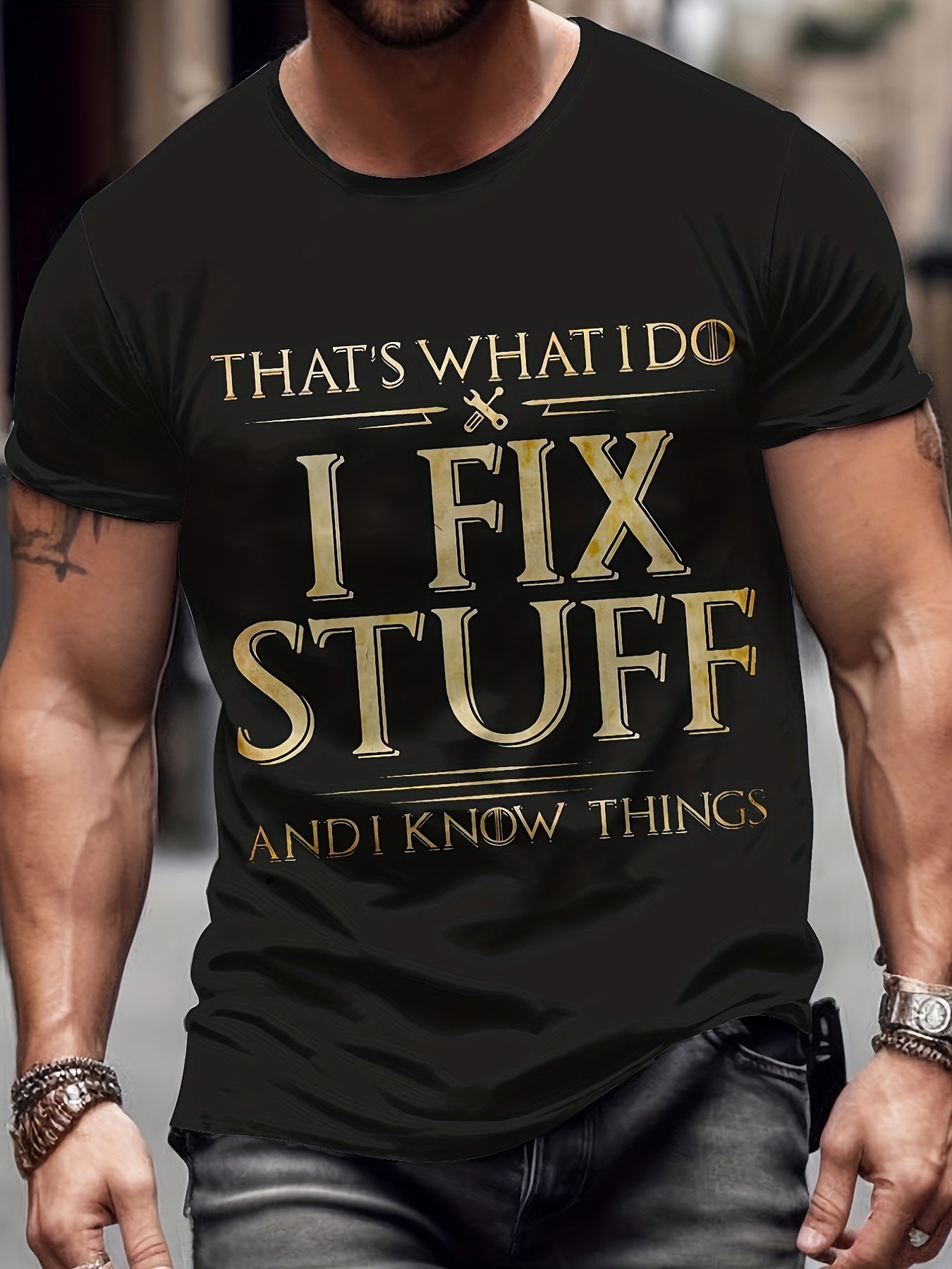 Repair All Things Slogan 3D Digital Pattern Printed Men's T-shirt, Casual T-shirt, Short Sleeved Comfortable Pullover, Men's Summer Clothing