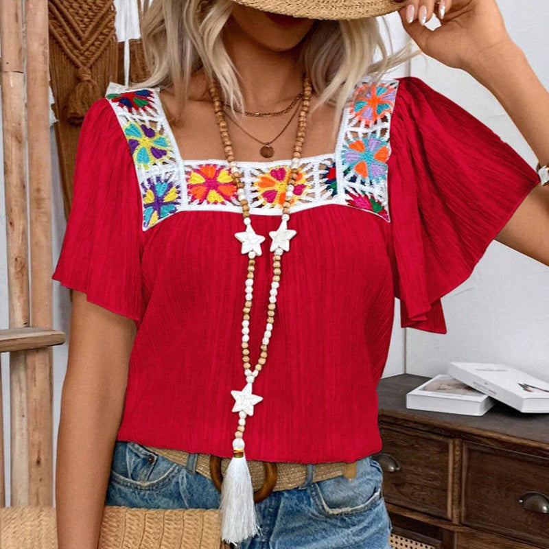 Women's Elegant Square Neck Crochet-Trimmed Geometric Floral Print Short Sleeve Shirt Spring Summer Casual Top