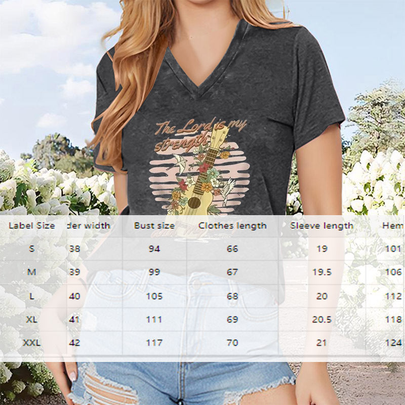 Women's Guitar & Letter Print Short Sleeve T-Shirt Casual V Neck Summer Top