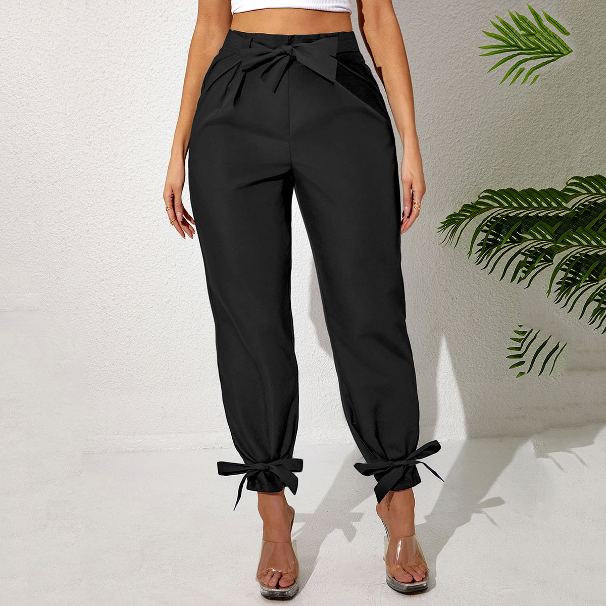 Solid Color Temperament Leg Tie Wooden Ear Trim Casual Women's Pants