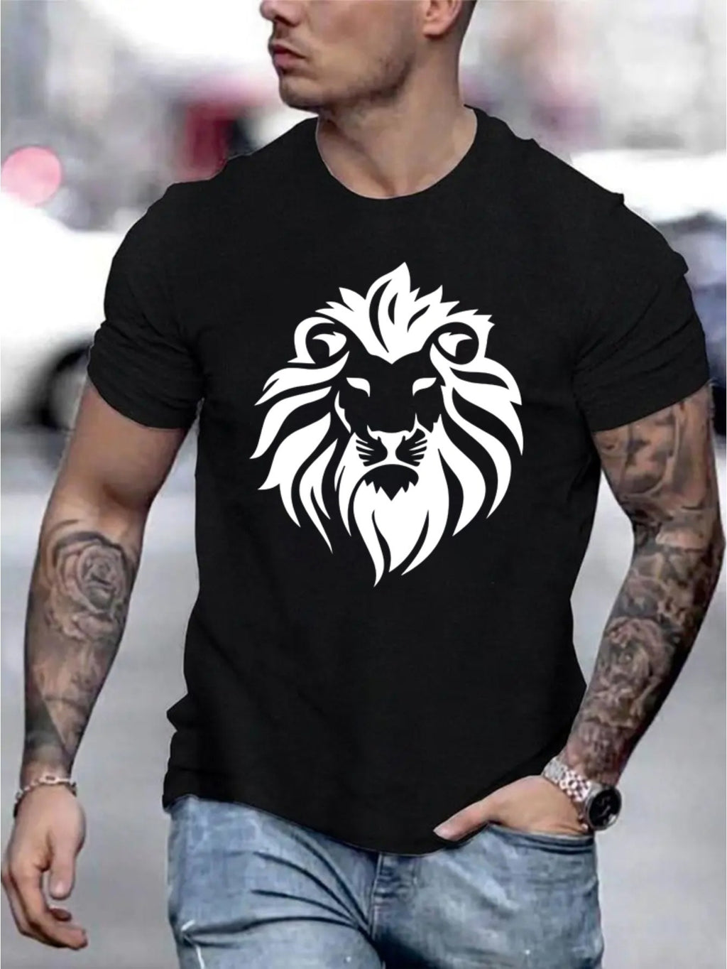 Lion Graphic Men's Short Sleeve T-shirt, Comfortable Stretch Summer Fashion T-shirt, Casual Daily Style Fashion Clothing