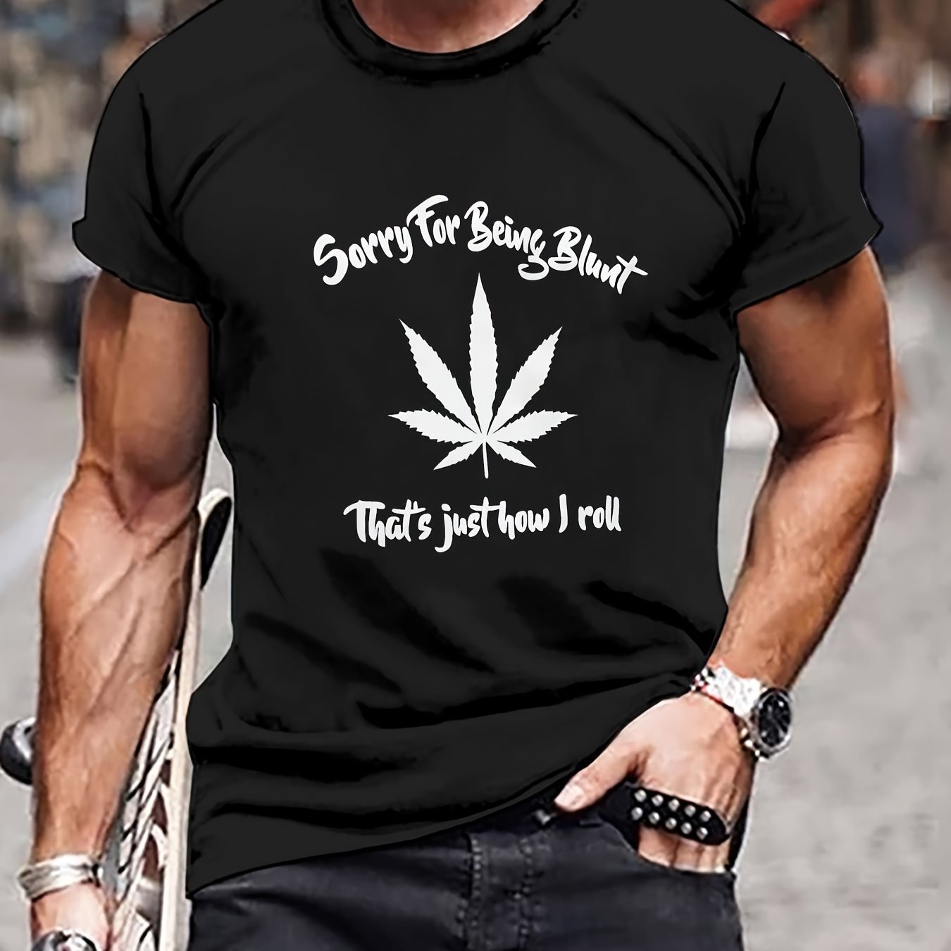 Men's Leaf Pattern Printed T-shirt, Short Sleeved Round Neck T-shirt, Summer Outdoor Men's Clothing