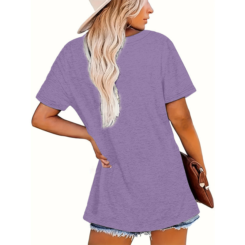Women's V-Neck Street Style T-Shirt - Trendy Slogan Print - Summer Casual Short Sleeve Top