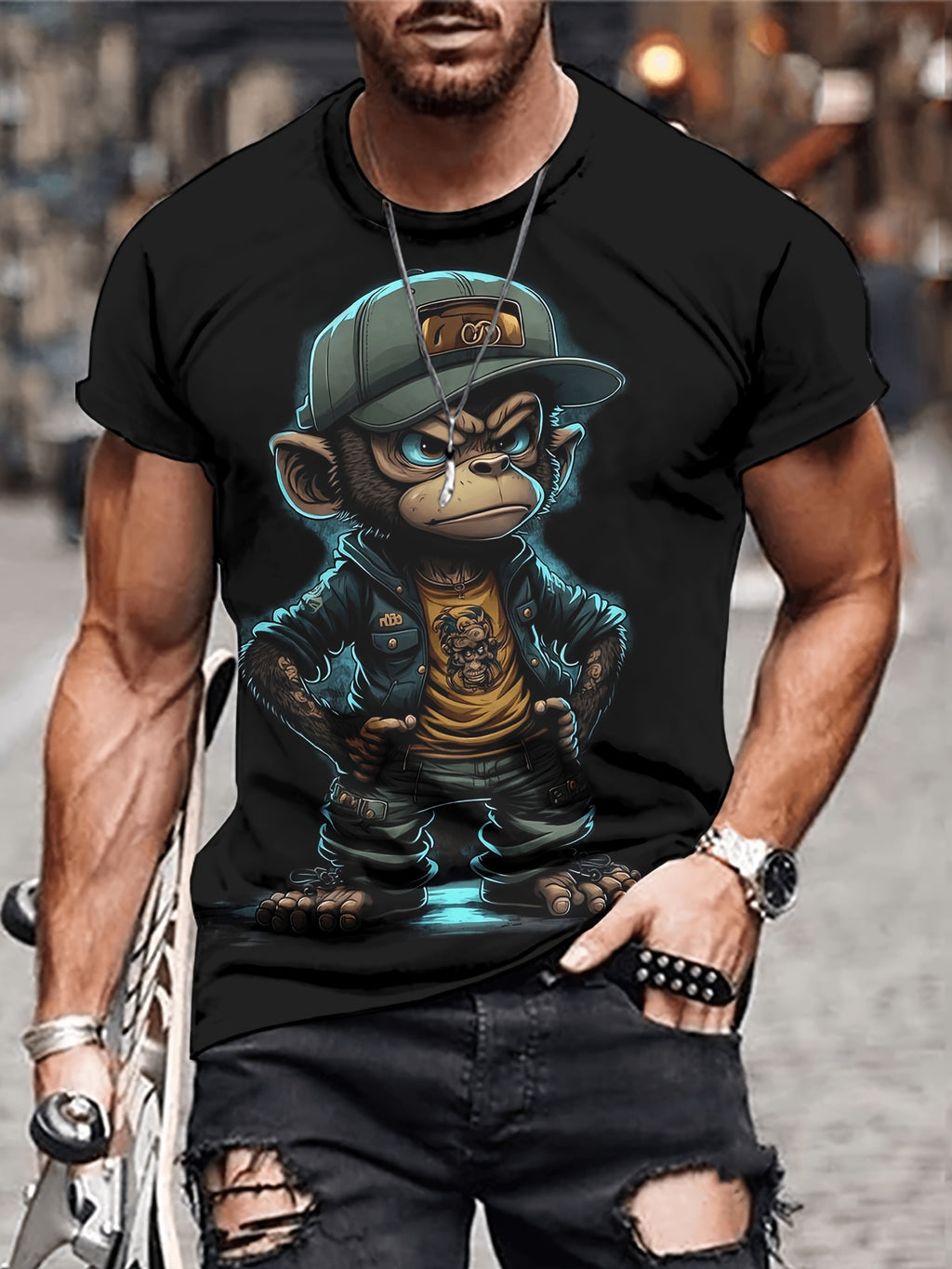 Hip Hop Monkey Print, Men's Graphic Design Round Neck Novel T-shirt, Summer Casual And Comfortable T-shirt, Daily Resort Men's Top