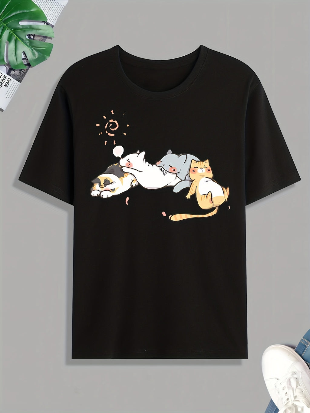 Cute Cat Nap Printed T-shirt, Men's T-shirt, Summer, Spring, Autumn Casual Short Sleeved T-shirt, Top As A Gift