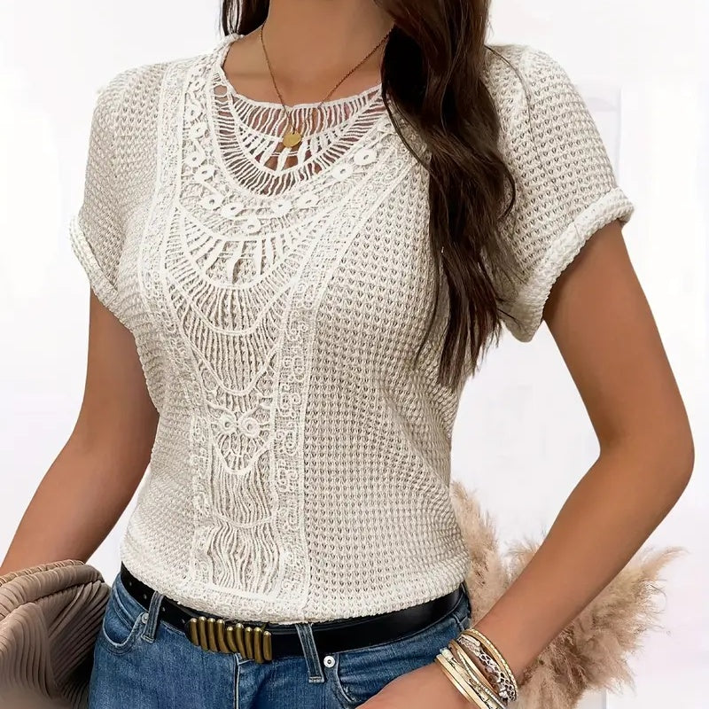 Women's Lace Splicing Short Sleeve Crew Neck T-Shirt Summer Loose Fit Casual Tee Top