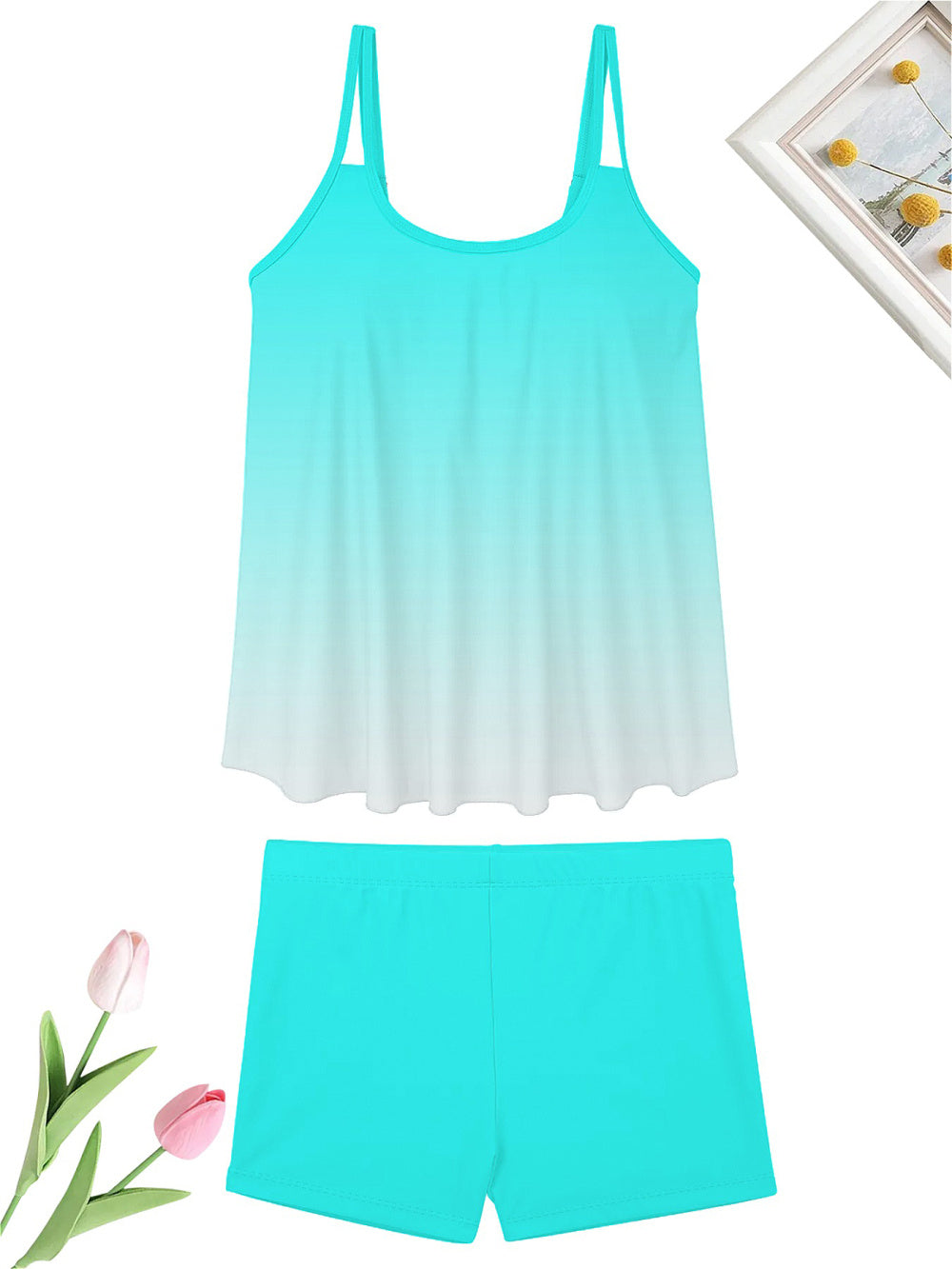 Women's Summer Seaside Beach Sexy Split Swimsuit Sky Blue Gradient Versatile Casual Swimsuit Strap Swimsuit