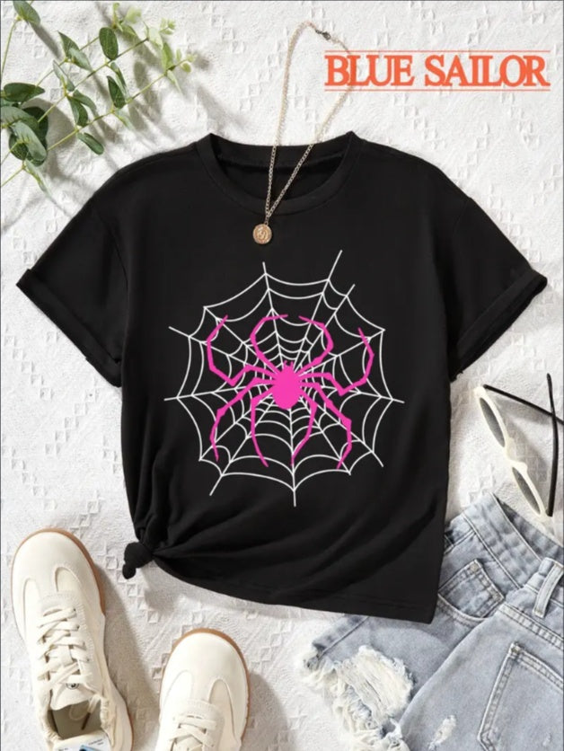 Girls' Casual Crew Neck T-Shirt With Spider Web Print, Short Sleeve Summer Top, G5, Round Neck