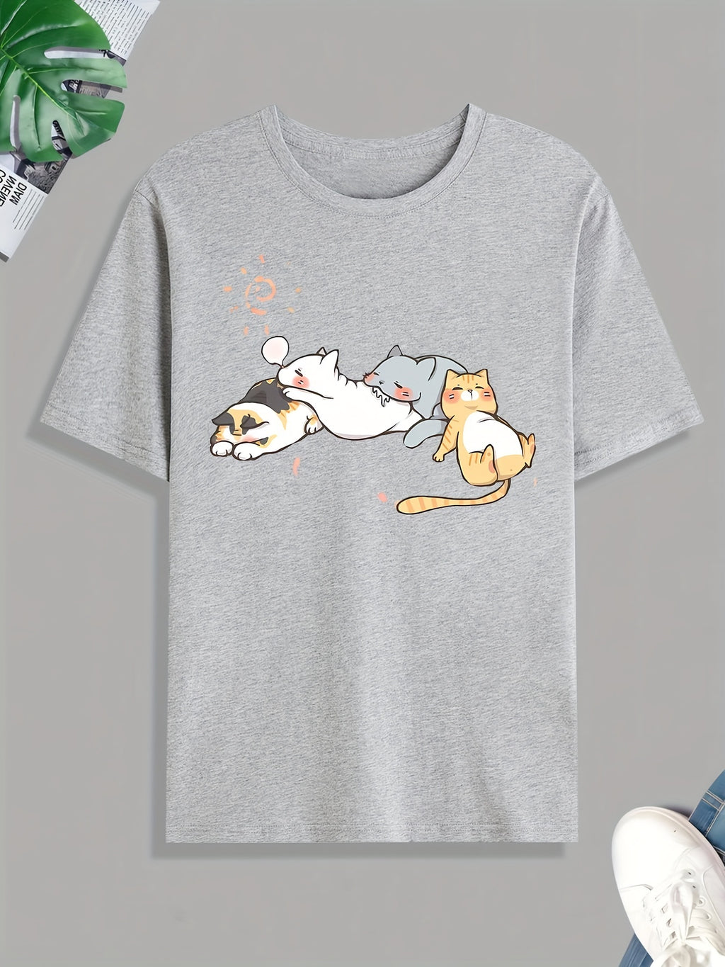 Cute Cat Nap Printed T-shirt, Men's T-shirt, Summer, Spring, Autumn Casual Short Sleeved T-shirt, Top As A Gift