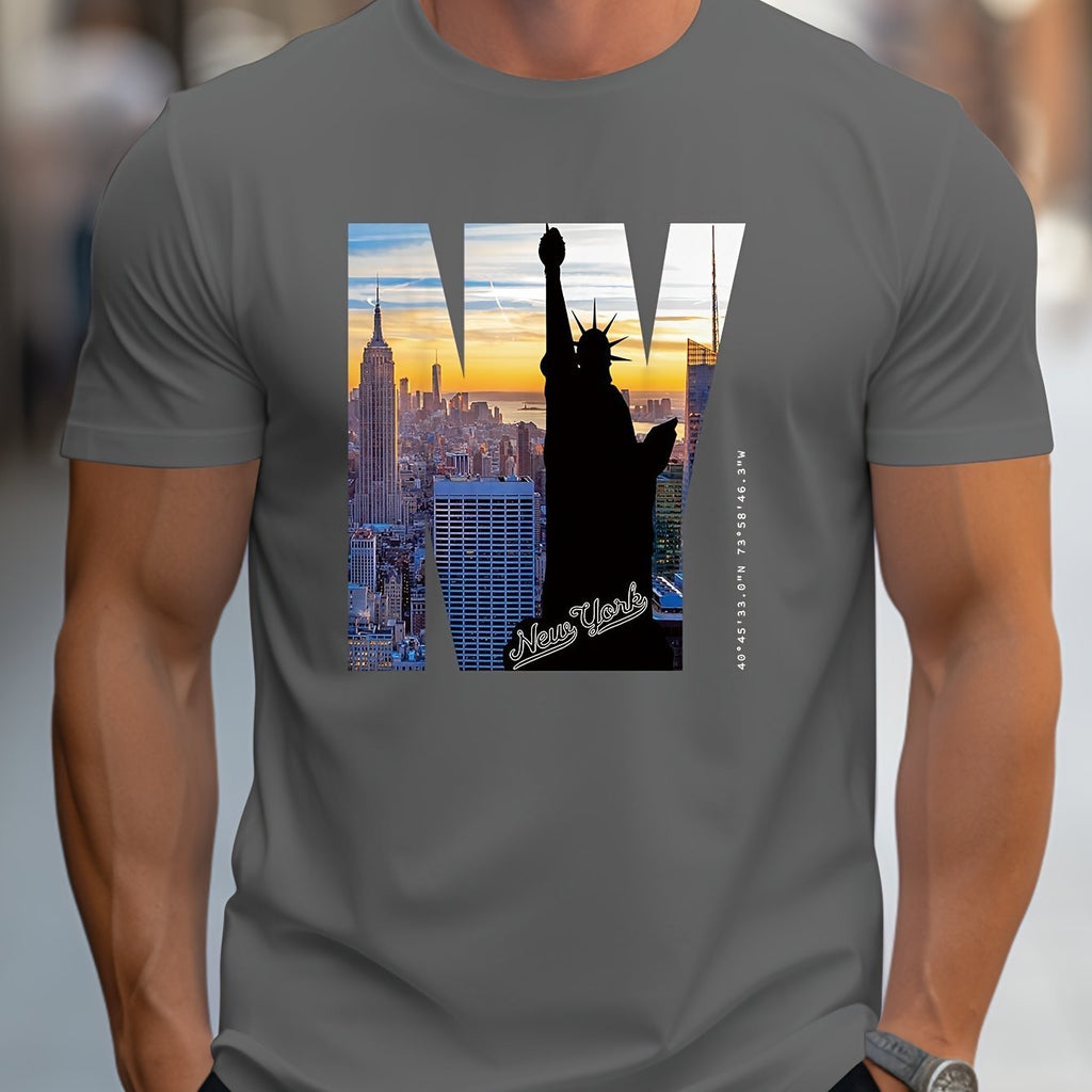 NY Pattern Printed Men's Creative Top, Casual Short Sleeved Round Neck T-shirt, Men's Summer Outdoor Clothing