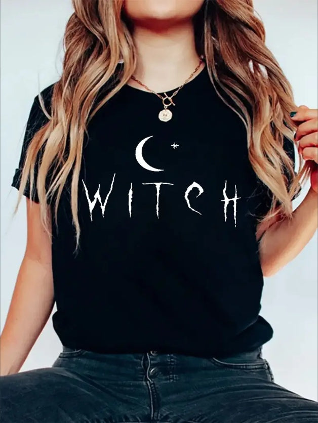 Short Sleeve Crew Neck WITCH Letter Print T-shirt, Casual Top For Summer & Spring, Women's Clothing