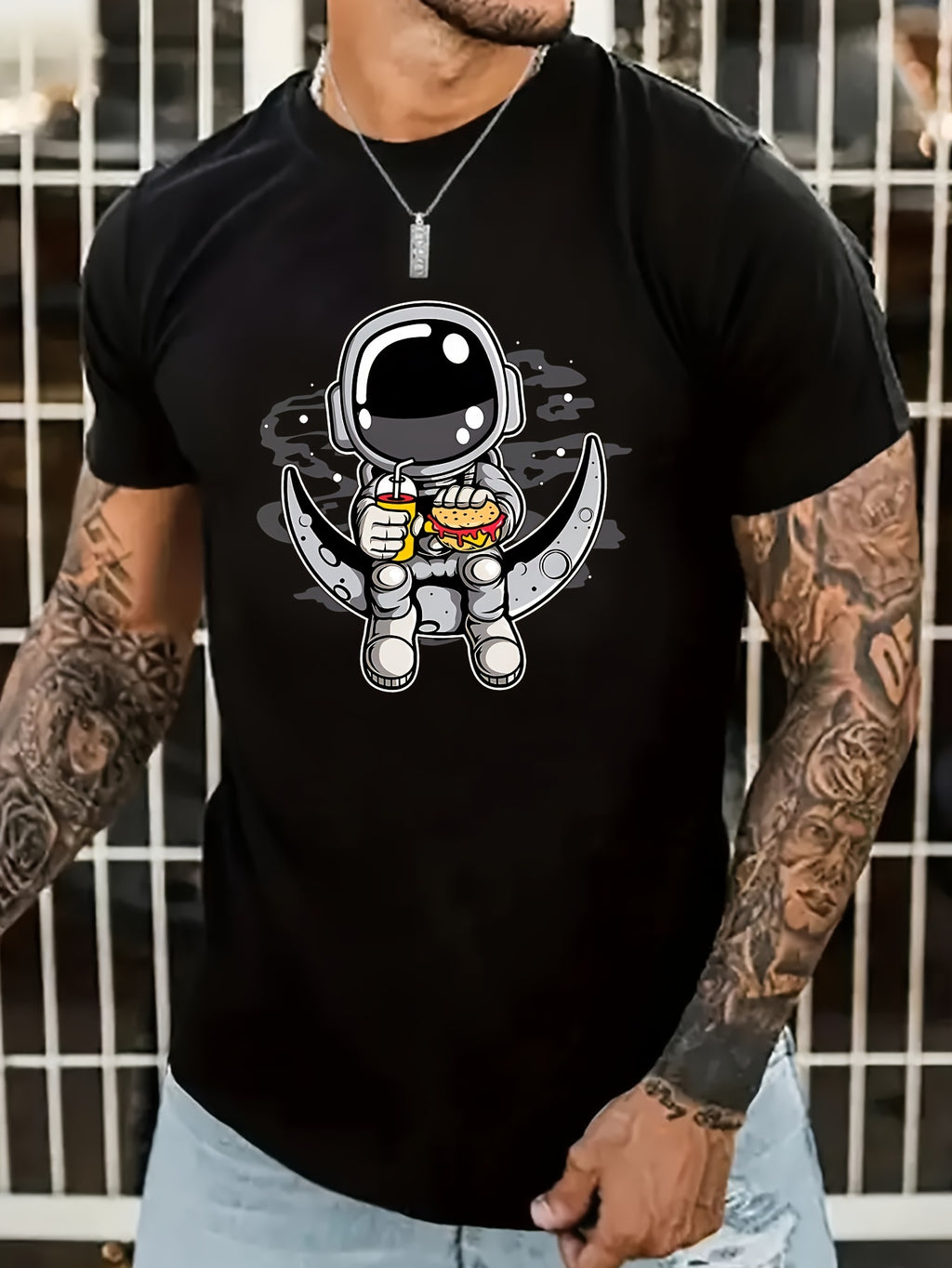 Cartoon Astronaut Pattern T-shirt, Summer Men's Casual Street Style Elastic Round Neck T-shirt